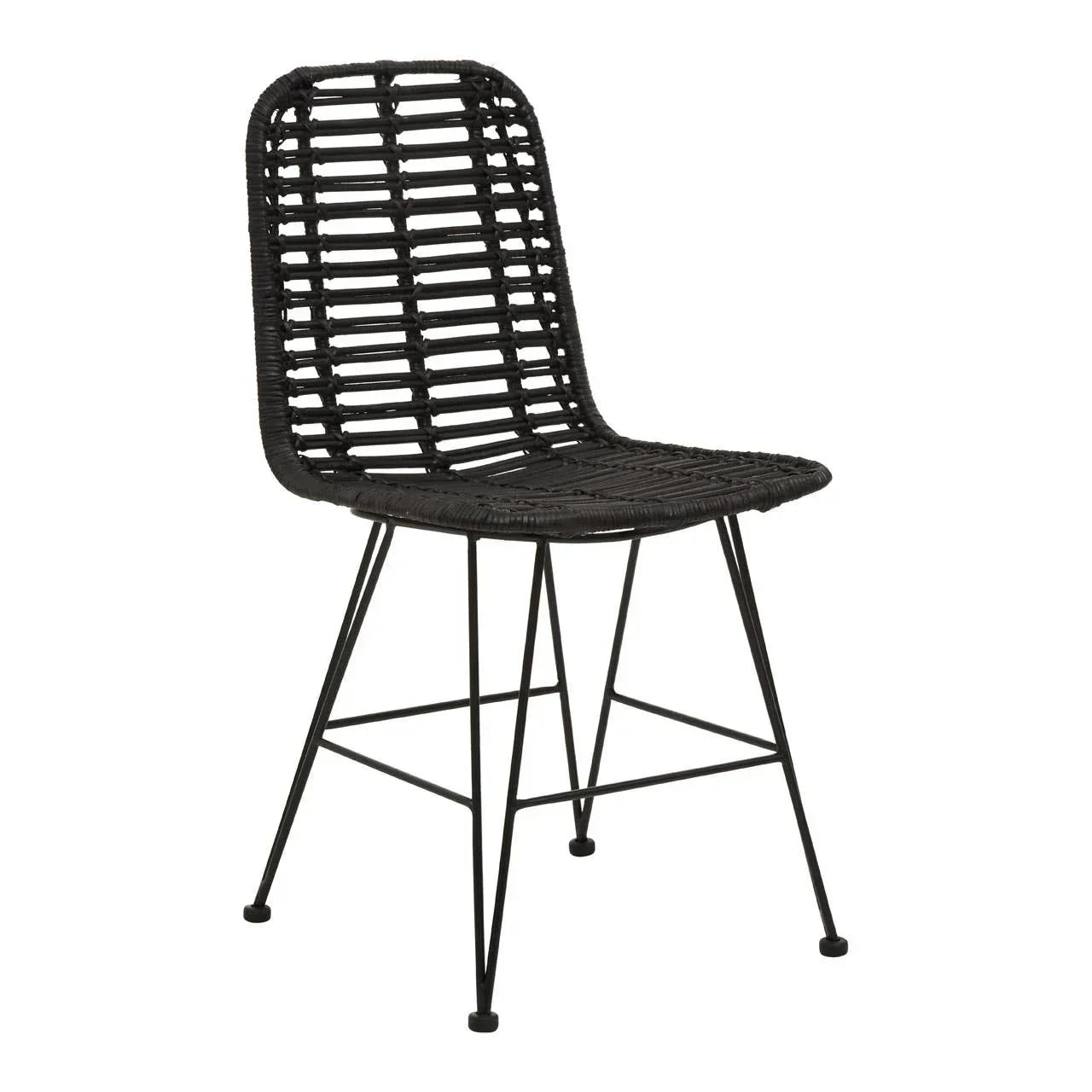 Black rattan dining chair with metal legs and woven seat on white background