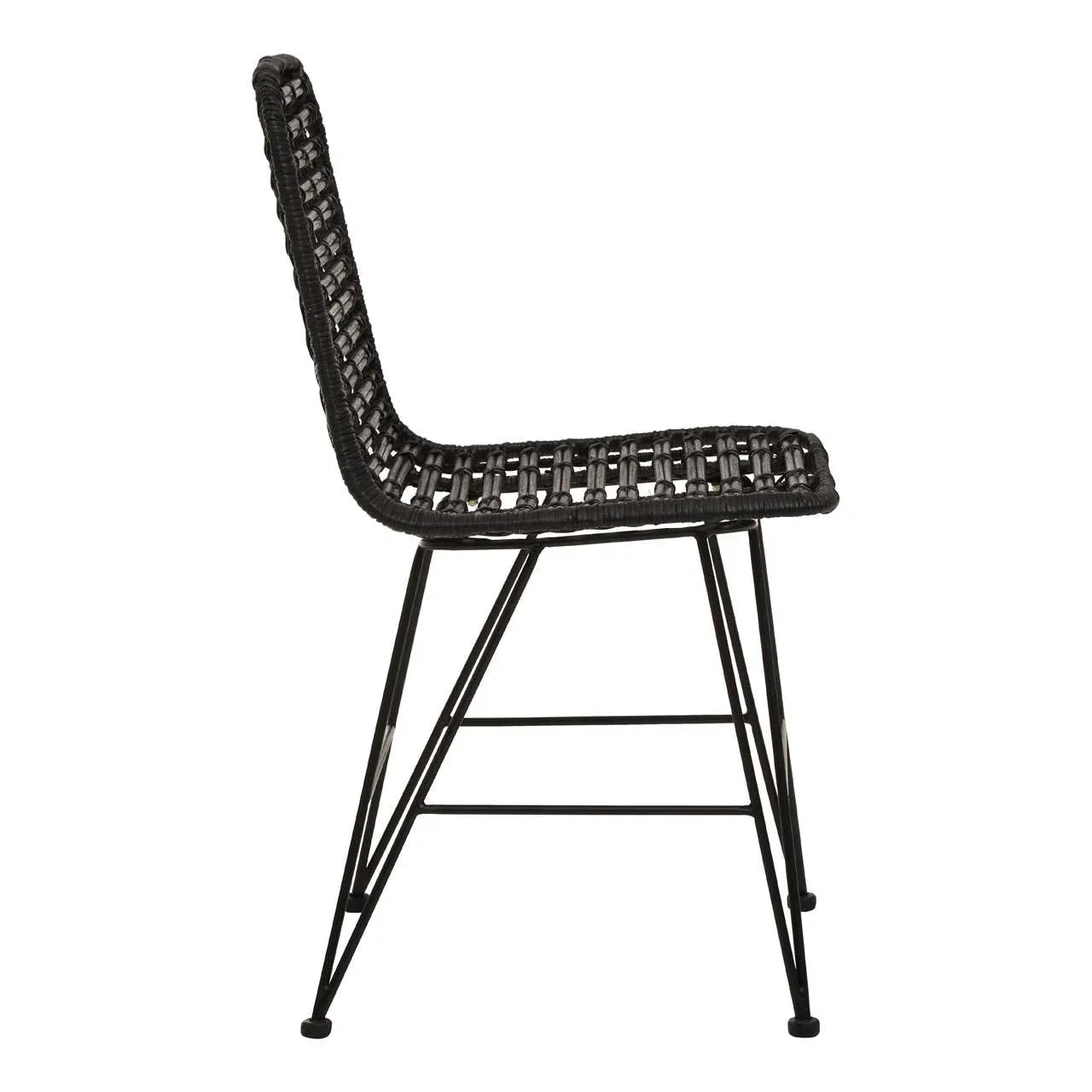Black rattan dining chair with woven seat and metal legs, side profile view