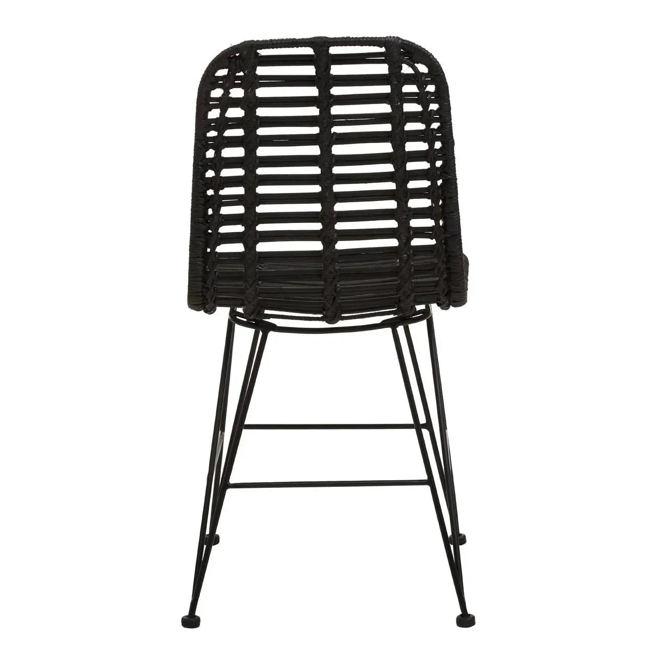 Black rattan dining chair with metal legs, shown from the back, woven seat and backrest