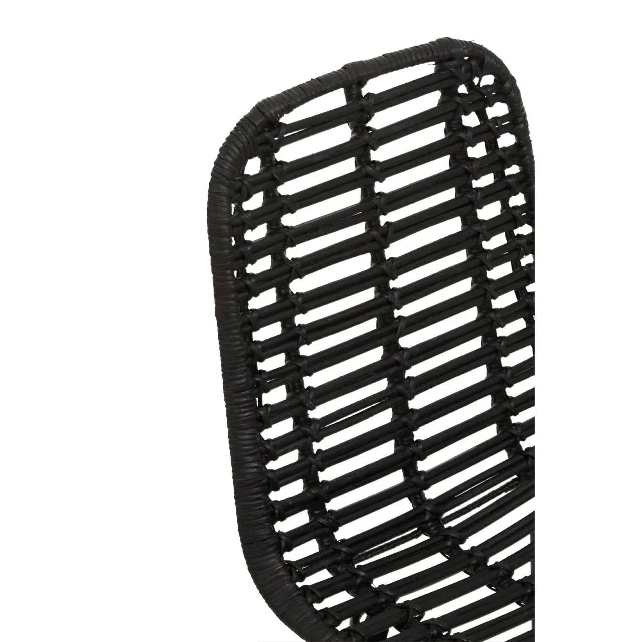 Black rattan chair backrest detail with woven horizontal slats