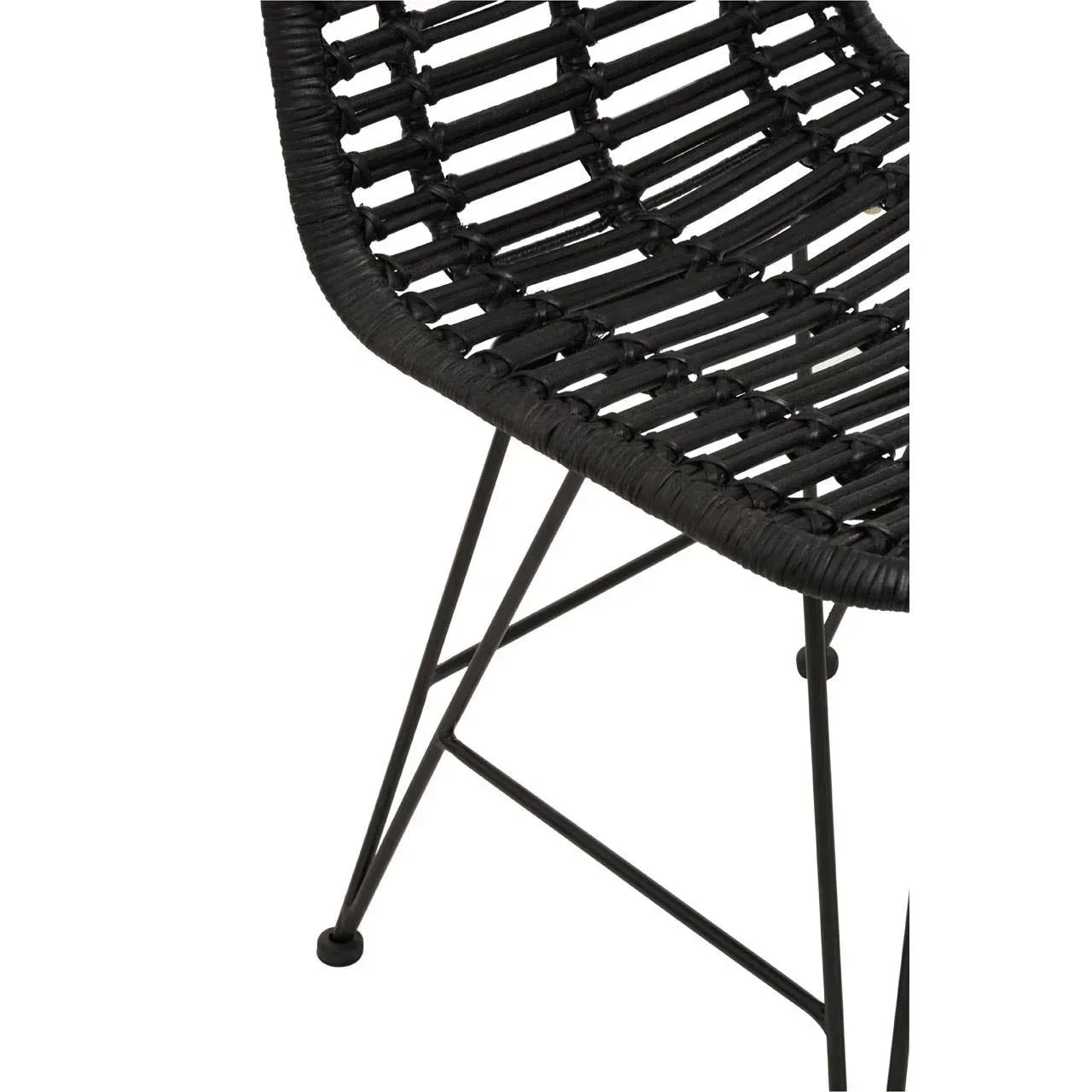 Black rattan dining chair with open weave seat and metal legs, angled side view