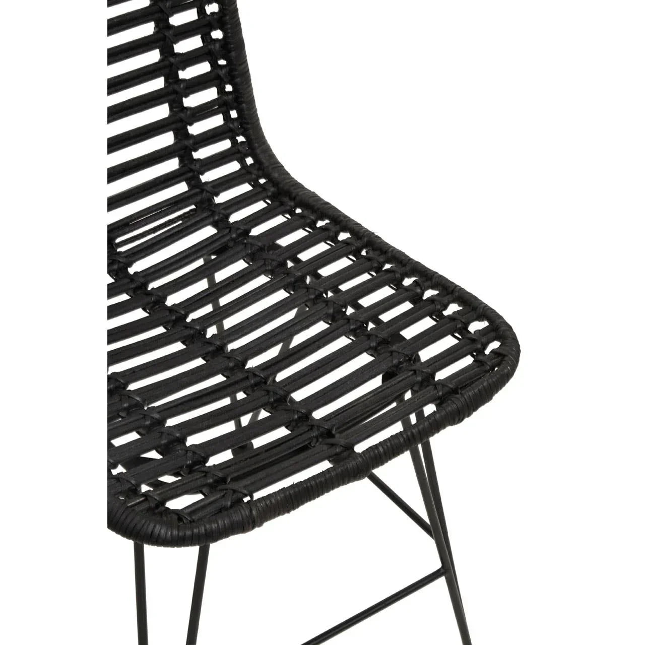 Black rattan dining chair seat with metal frame, close-up of woven detail