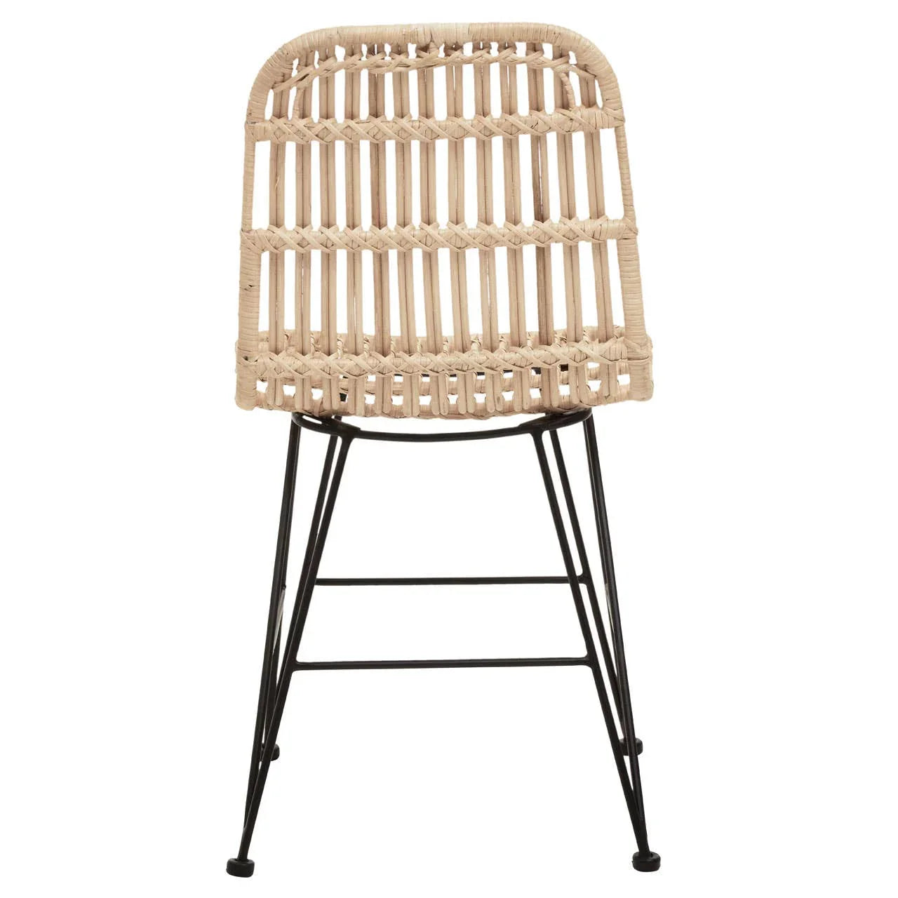 Natural rattan dining chair with black metal legs, front view