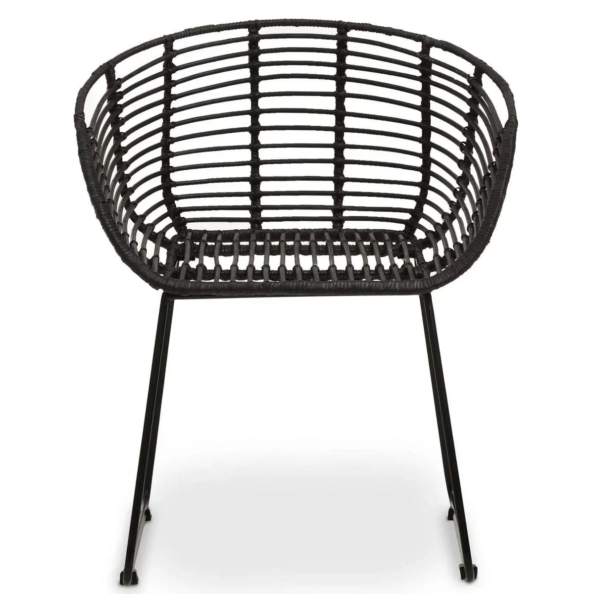 Black rattan dining chair with open weave design and metal legs, front view