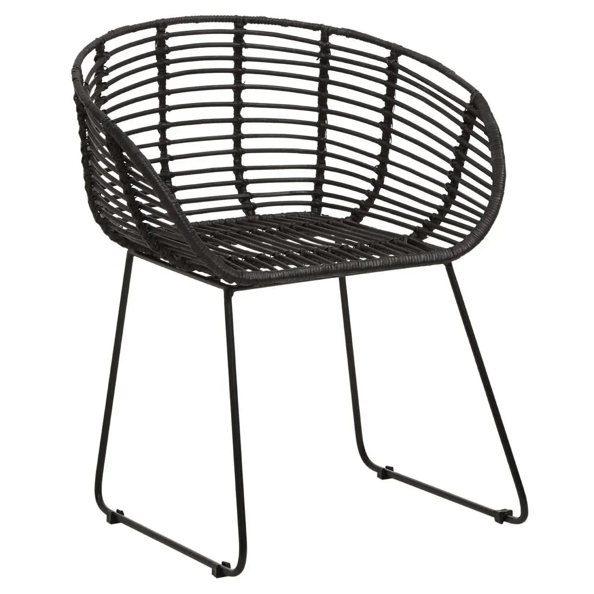 Black rattan dining chair with curved back and metal sled legs