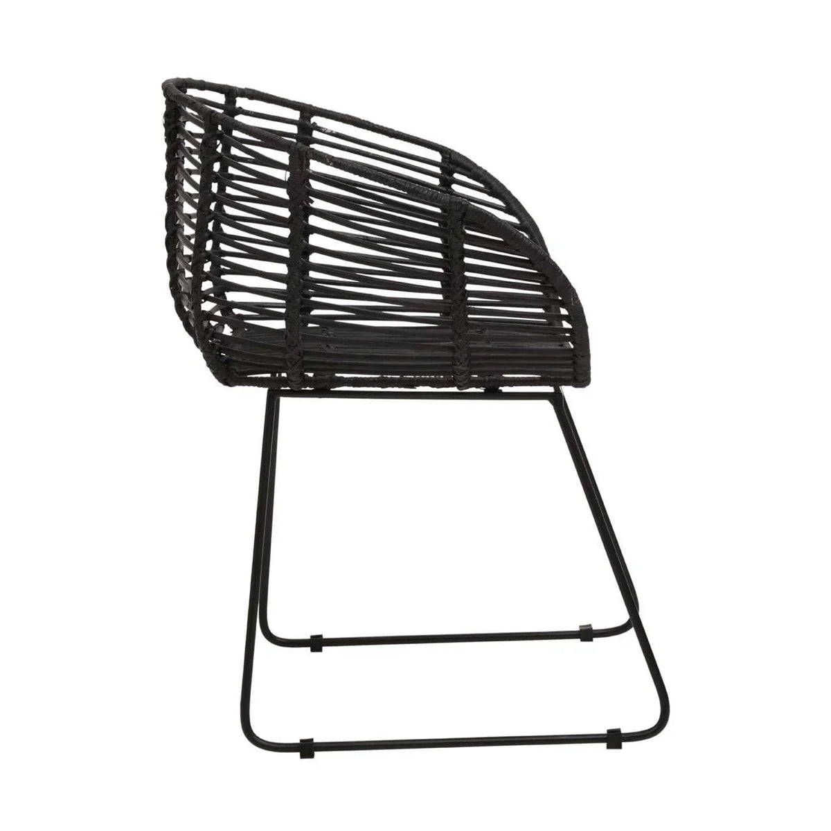 Black rattan dining chair with metal sled base side view