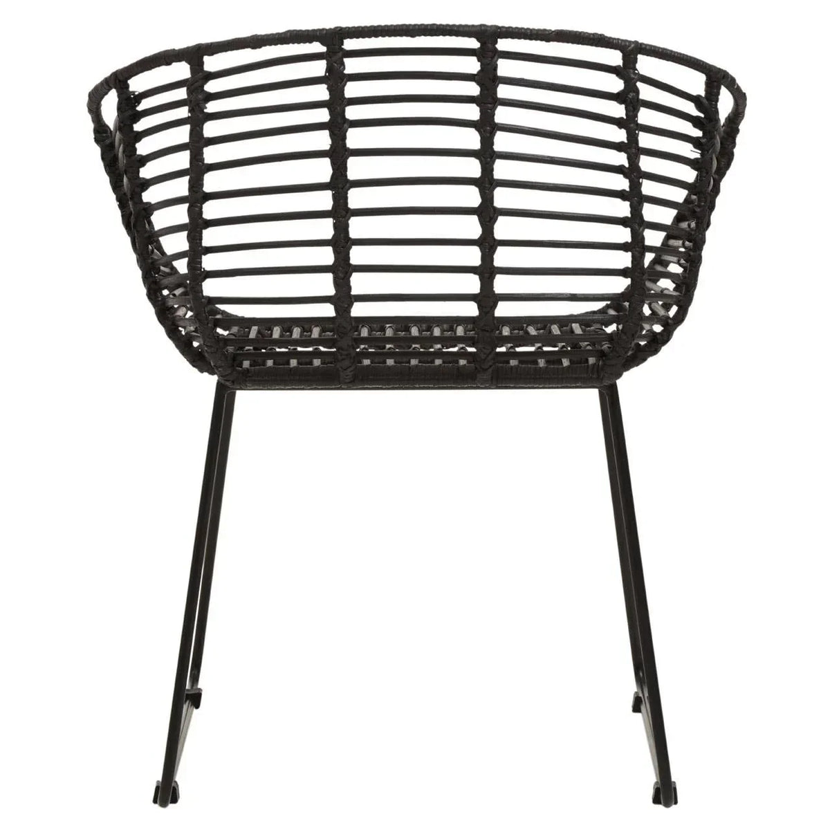 Black rattan dining chair with open weave backrest and slim metal legs, front view