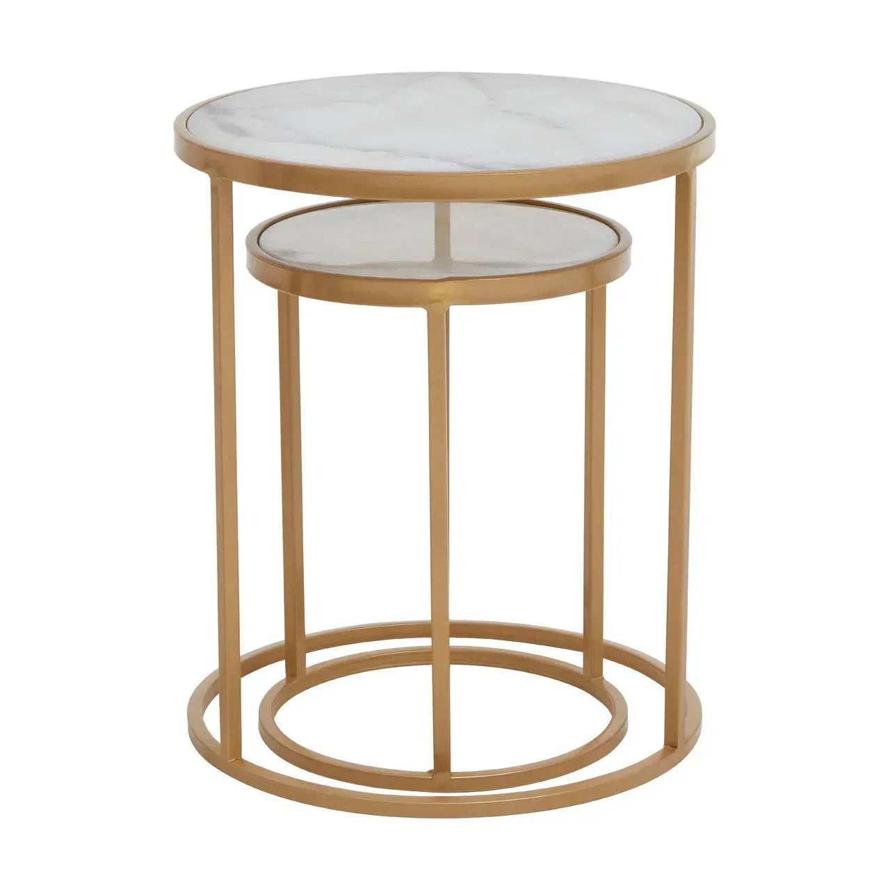 Round marble top nesting tables with gold metal frame on white background