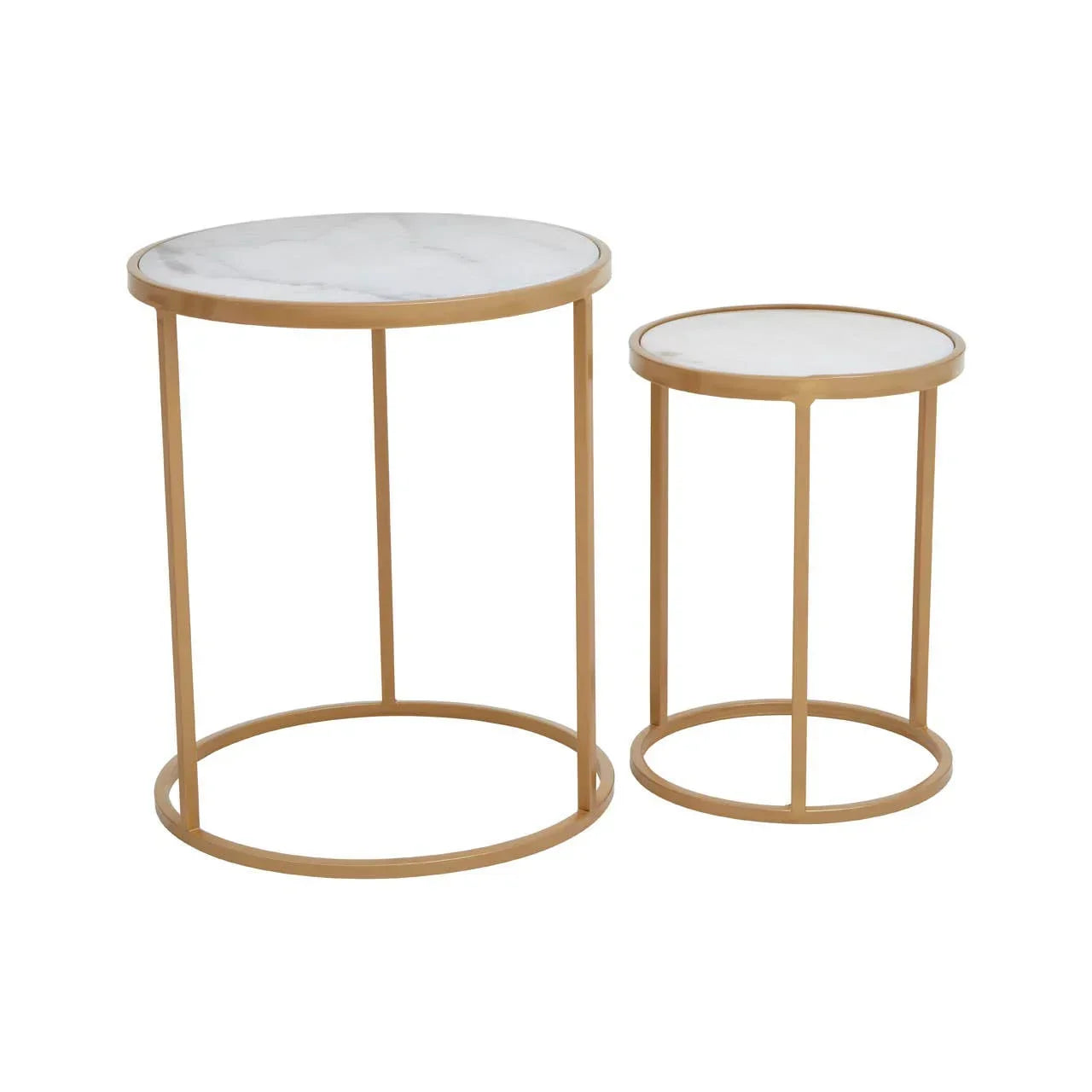 Set of two round side tables with gold metal frames and white marble tops
