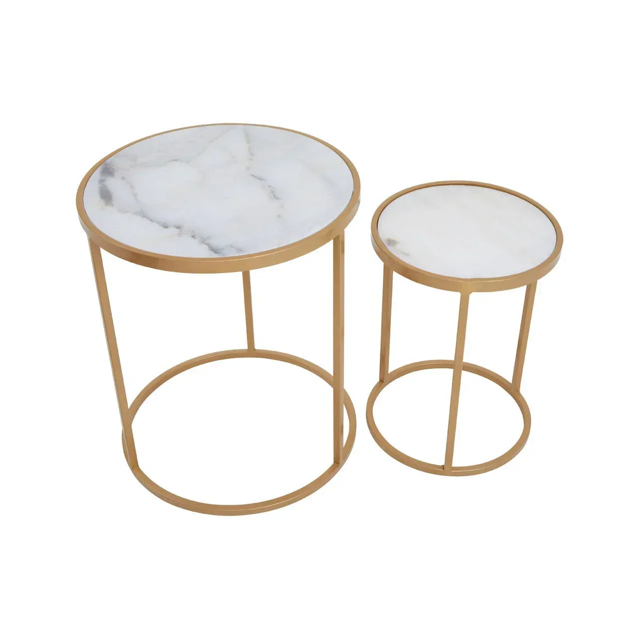 Round marble top nesting tables with gold metal frames, white and gold side table set