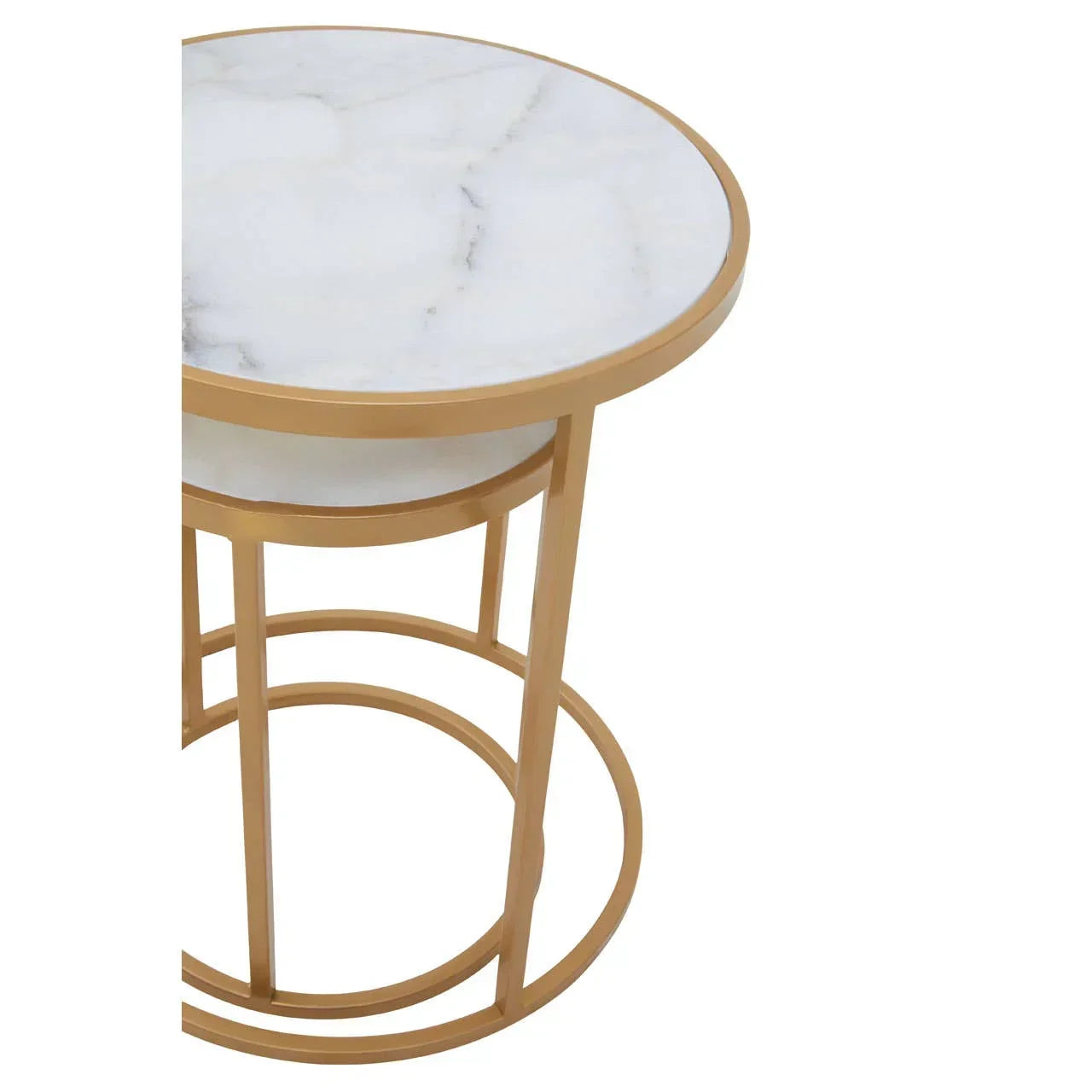 Round marble top side table with gold metal frame, close corner view