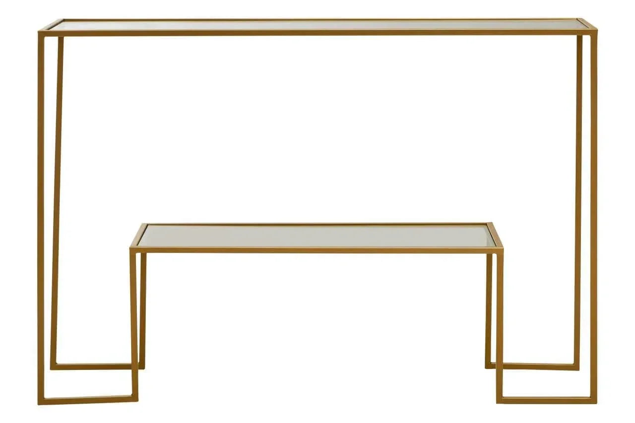 Gold metal and glass console table set with minimalist geometric frame design