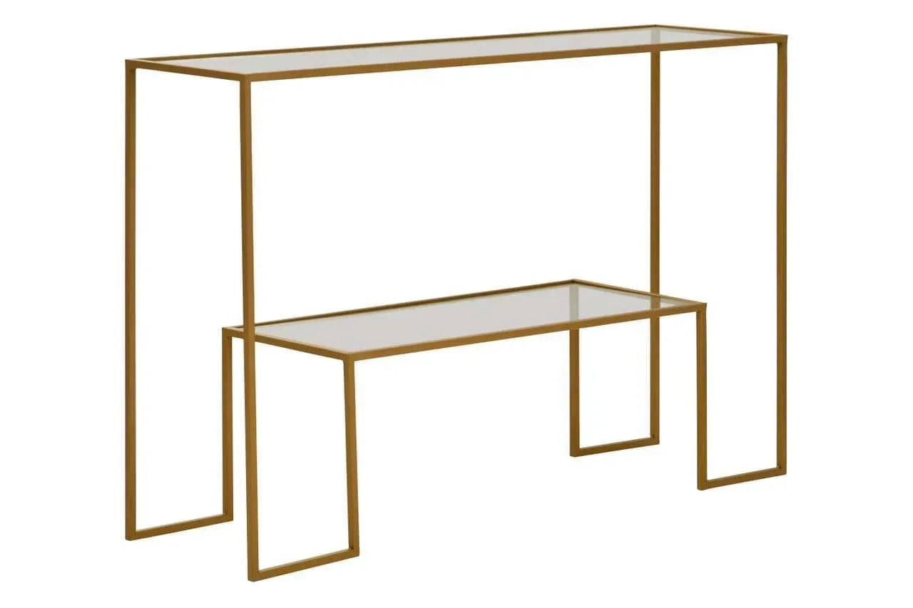 Gold metal console table with two glass shelves and slim modern frame
