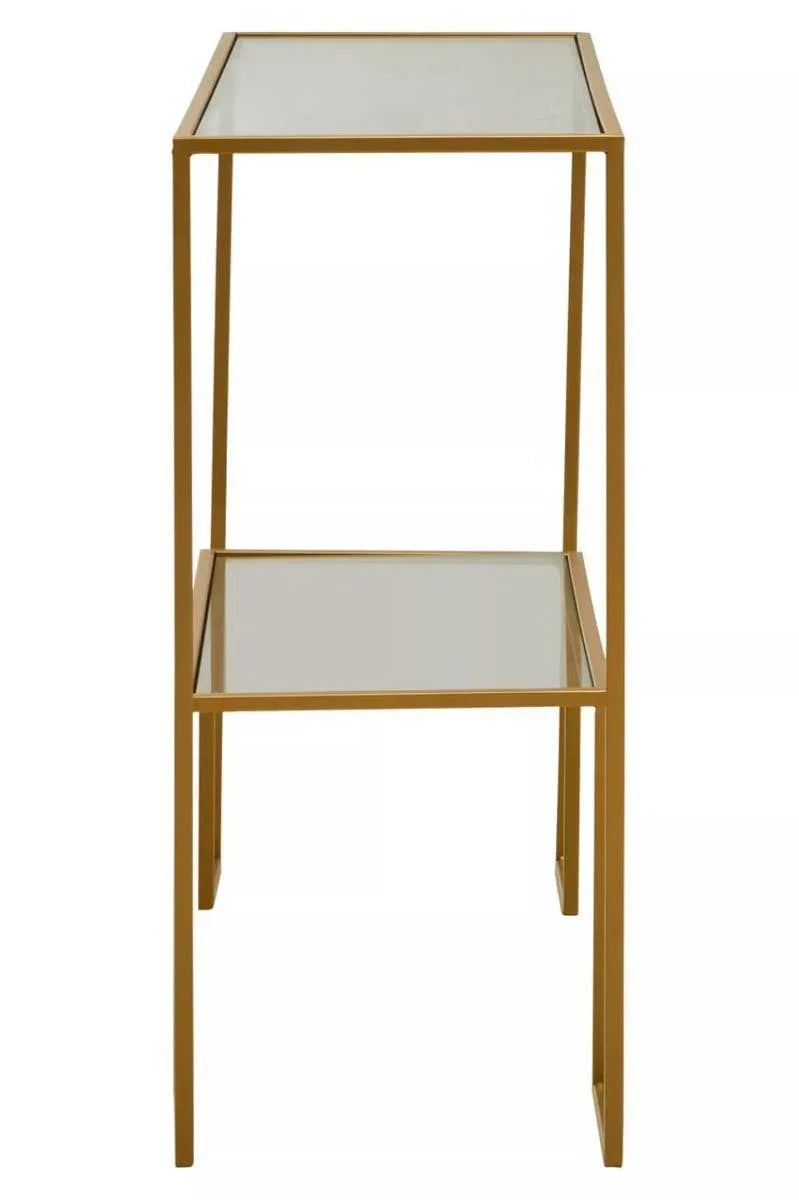 Gold metal and glass side table with two shelves, viewed from the front