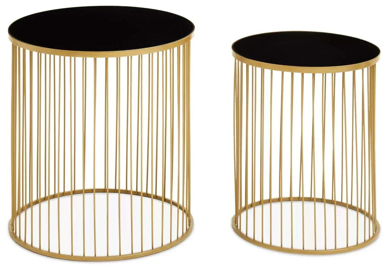 Set of two round gold metal side tables with black tops and open frame design