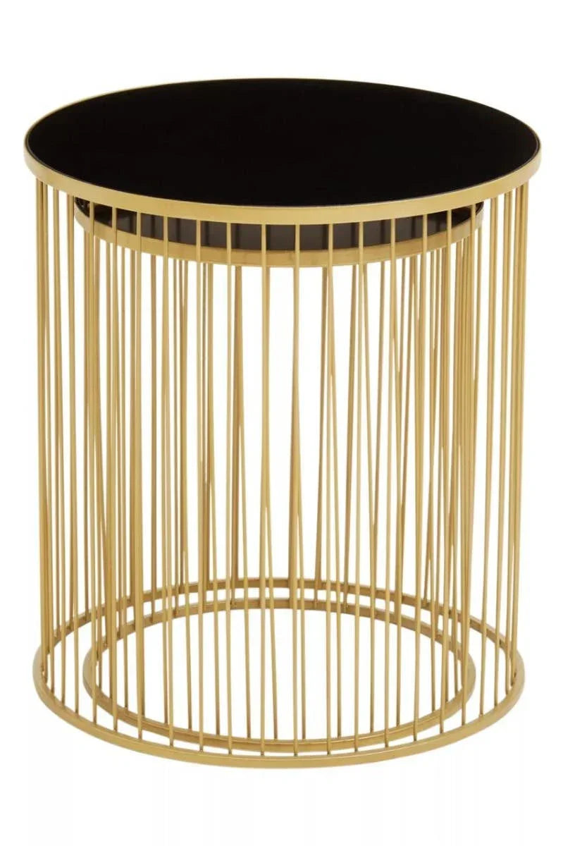 Round side table with black glass top and gold metal wire base