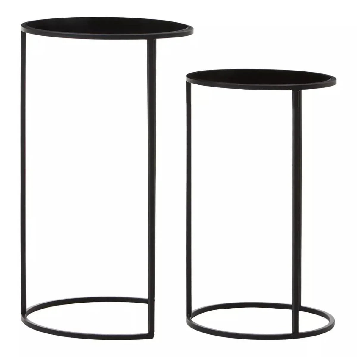 Set of two round black metal side tables with minimalist open frame design