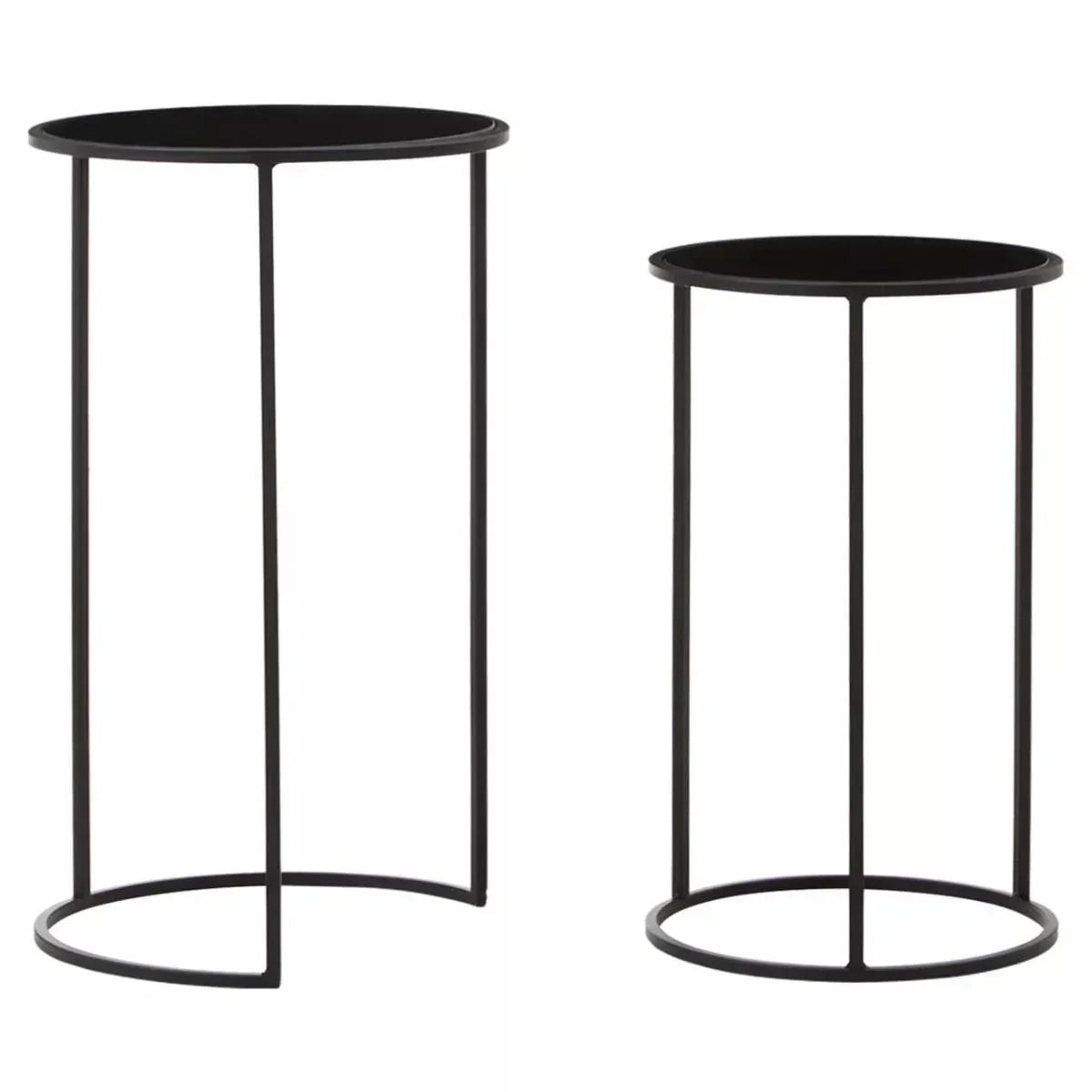 Set of two black metal side tables with round tops and open circular bases