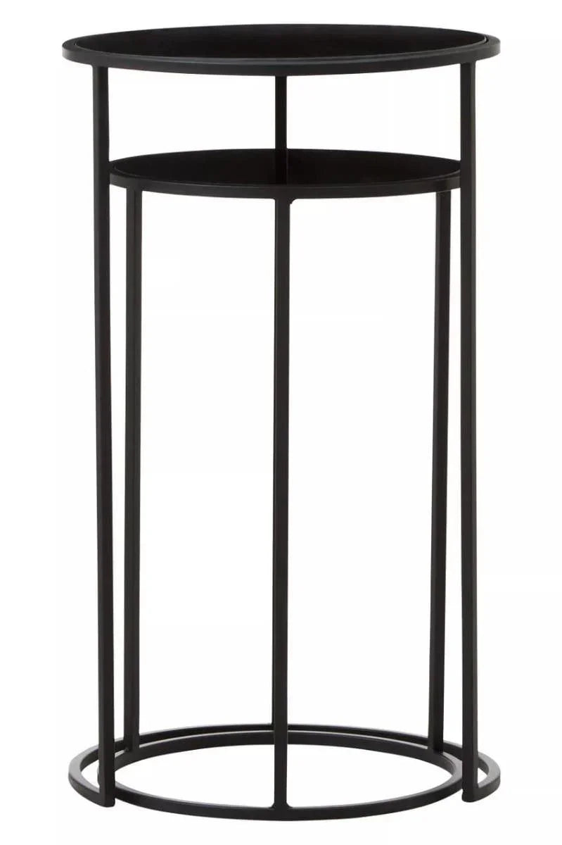 Black metal side table with round top and lower shelf, minimalist open frame design