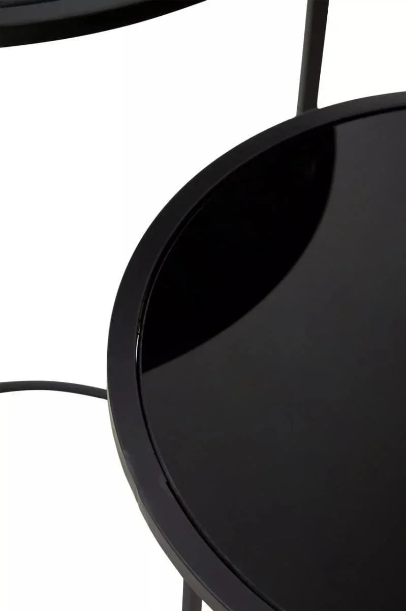 Round black glass top nest of tables with metal frame, close-up angle