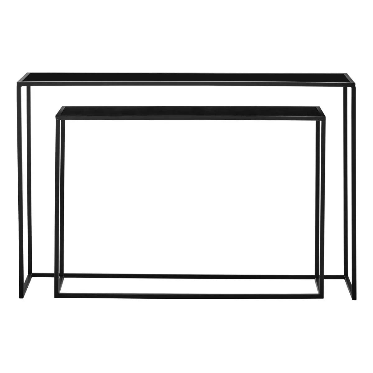 Set of two black metal console tables with minimalist rectangular frames