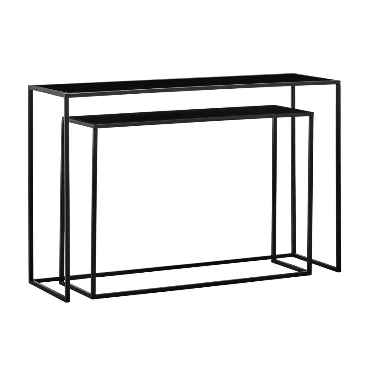 Black metal console table set with minimalist open frame design, two nesting tables shown