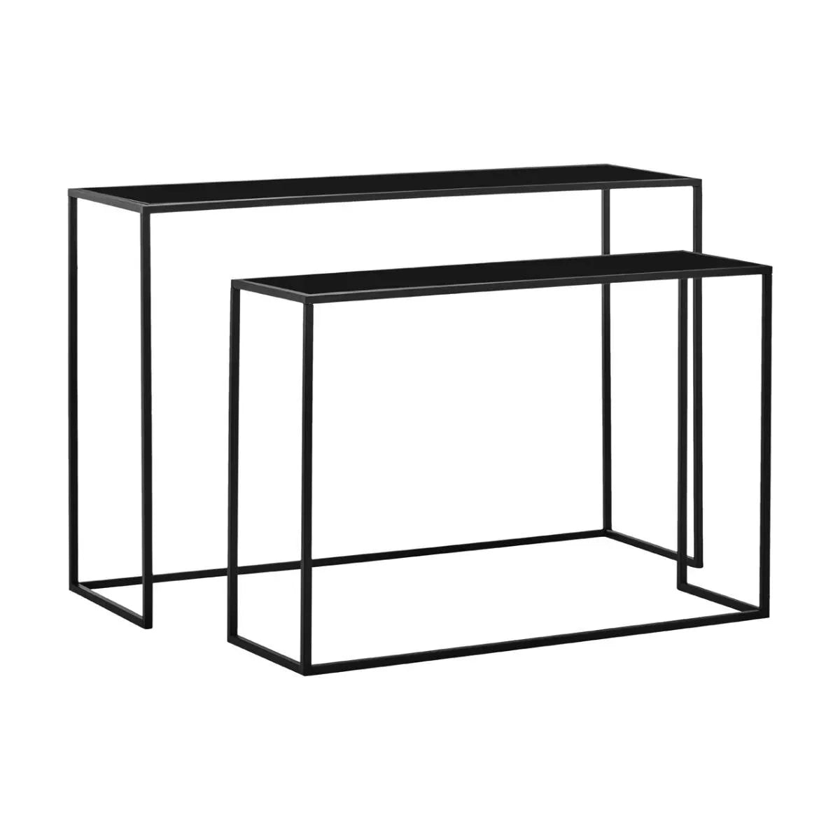 Set of two black metal console tables with minimalist rectangular frames