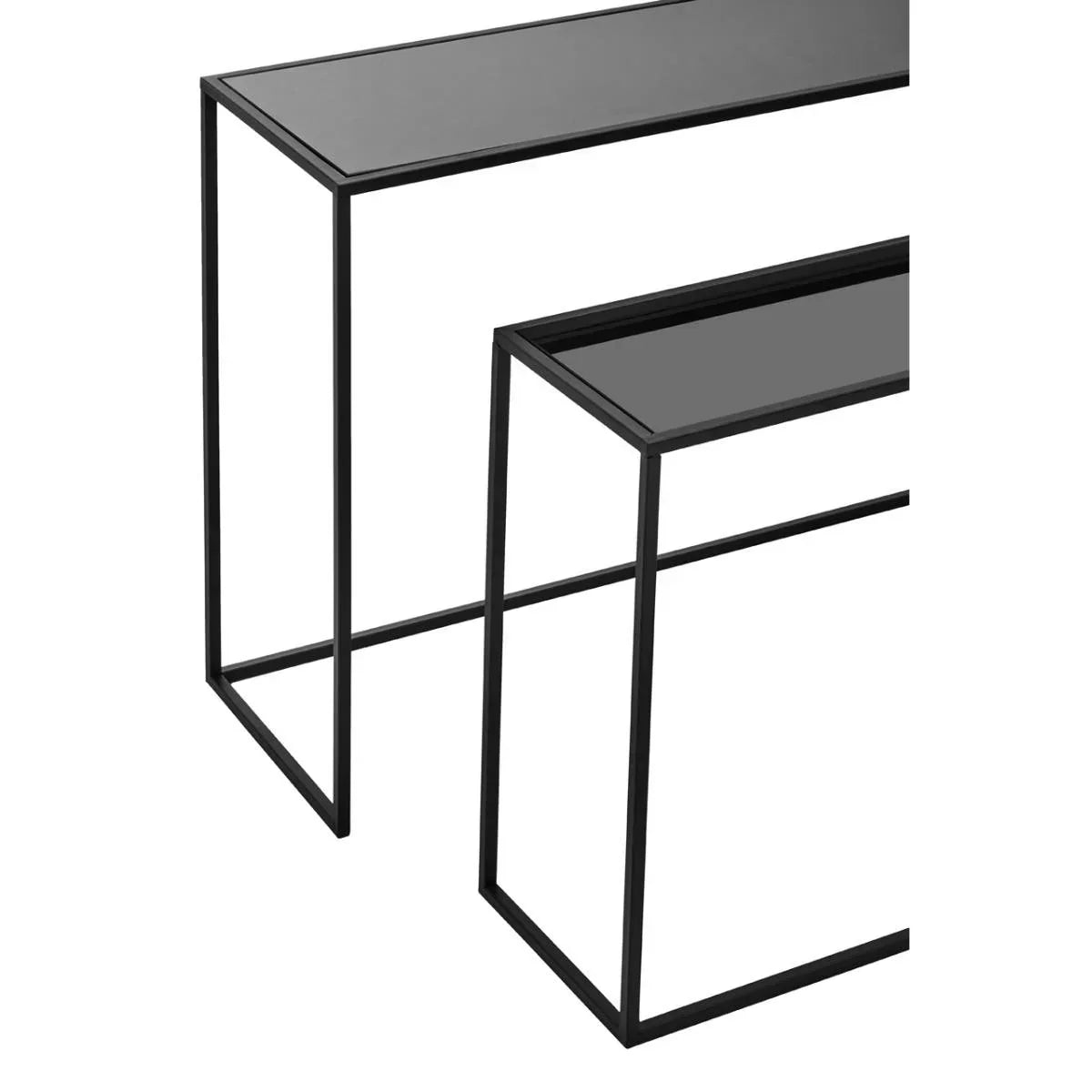 Black metal console tables with glass tops in minimalist design, set of two