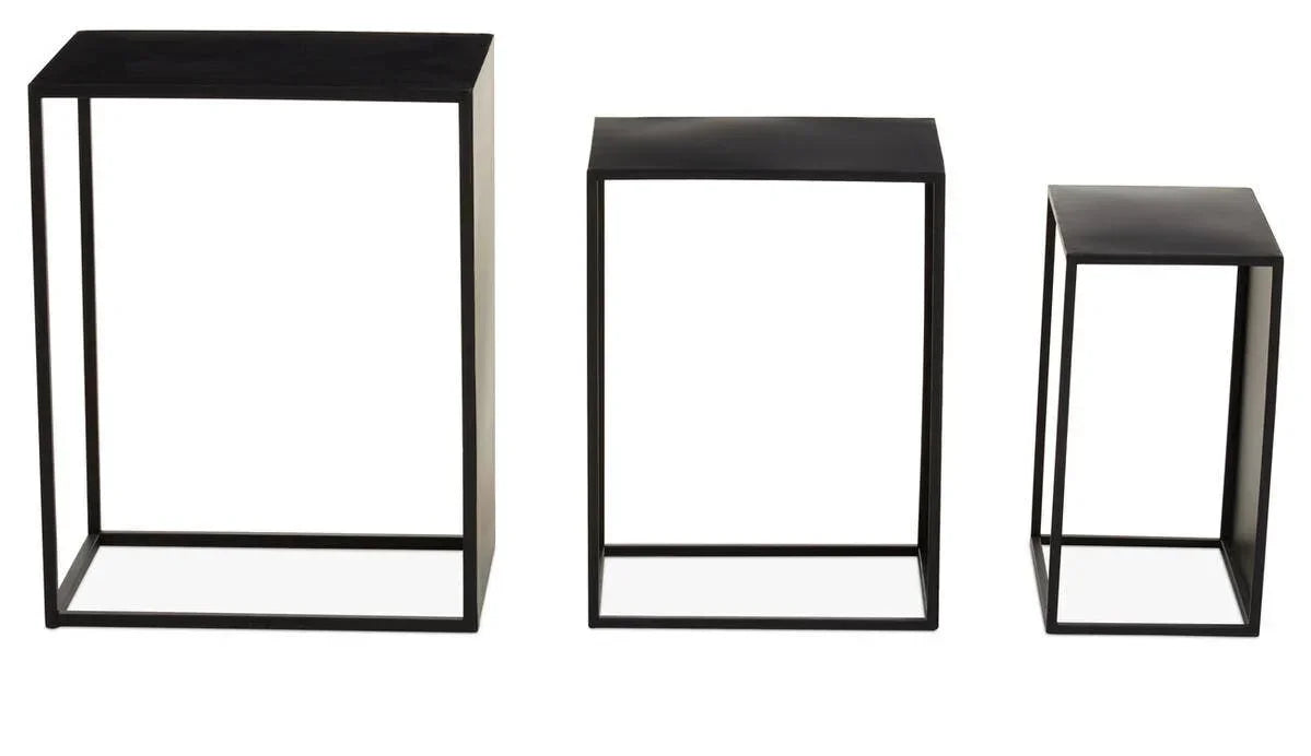 Set of three black metal nesting tables with square frames, shown side by side