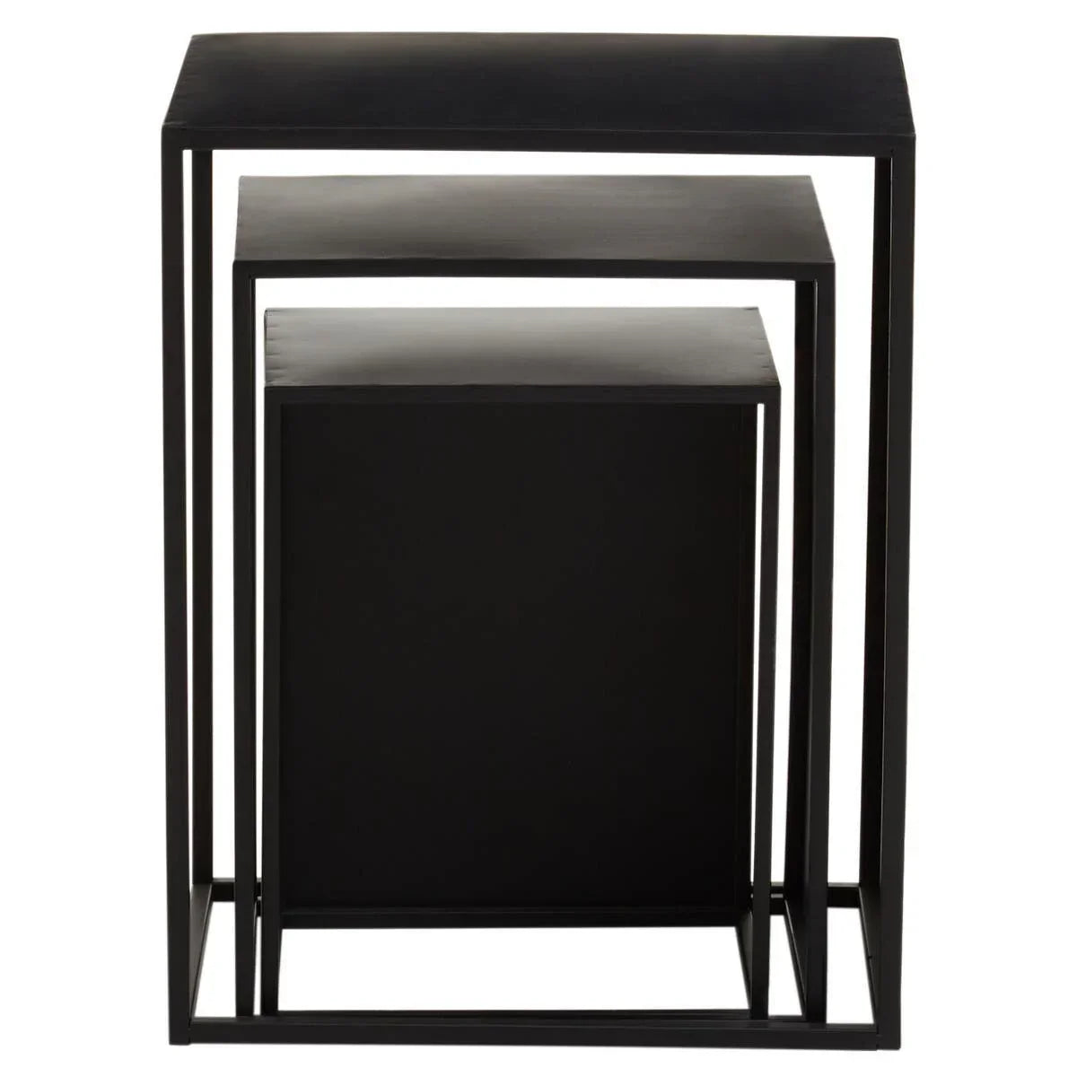 Set of three black metal nesting tables with a minimalist square frame, front view