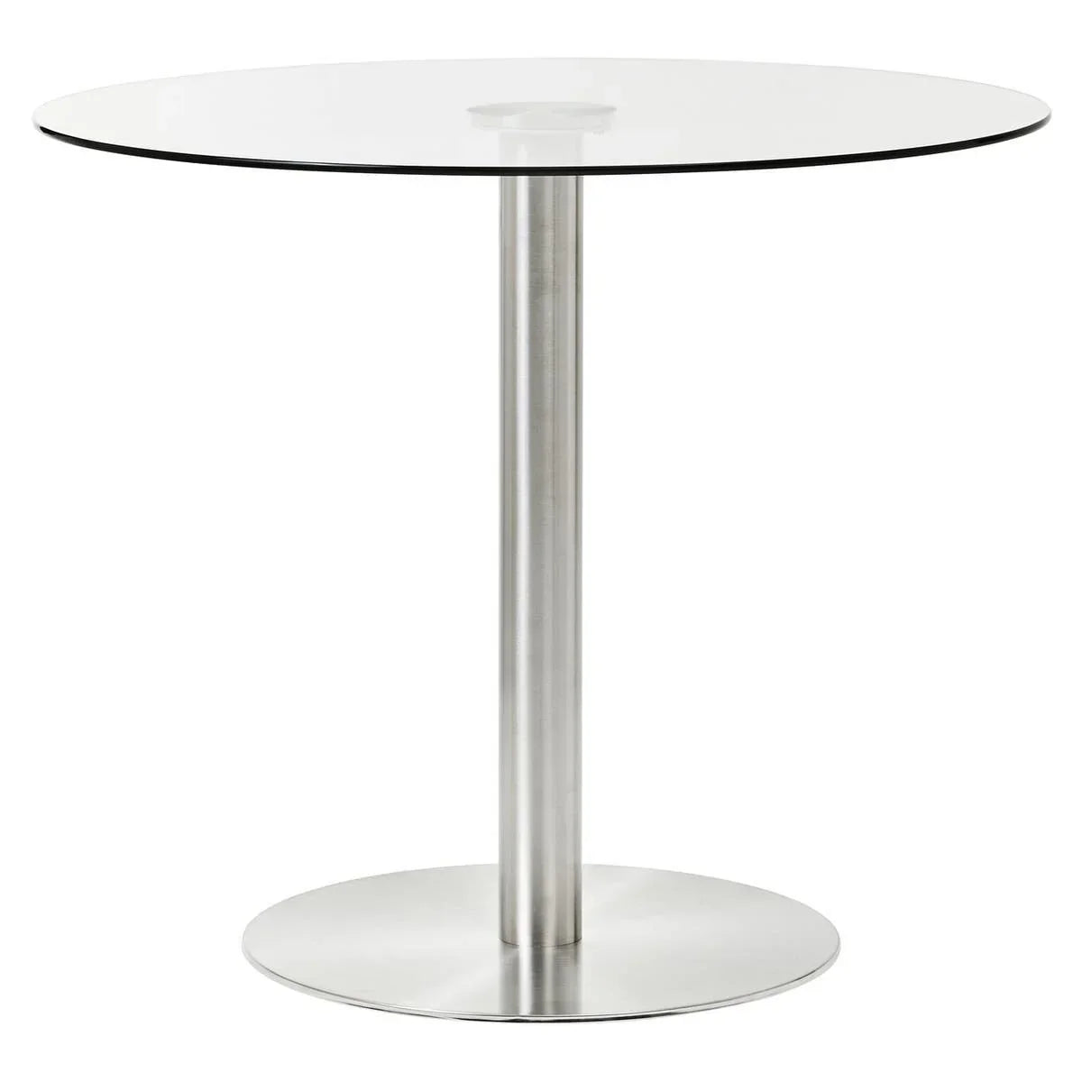 Round glass dining table with stainless steel pedestal base on white background