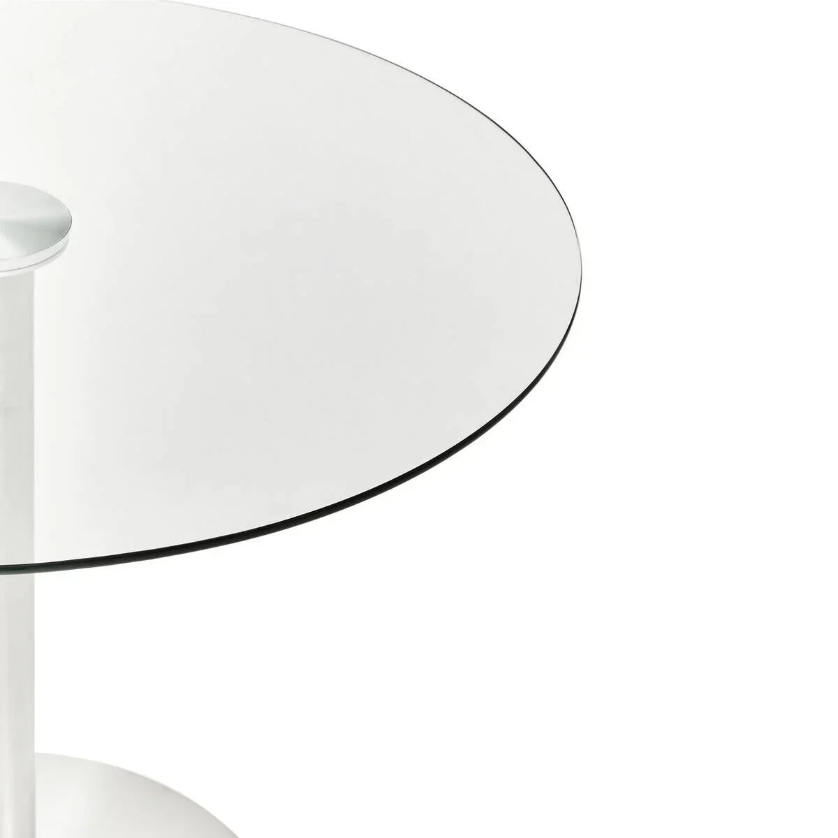 Round glass dining table top with white pedestal base, close-up angle