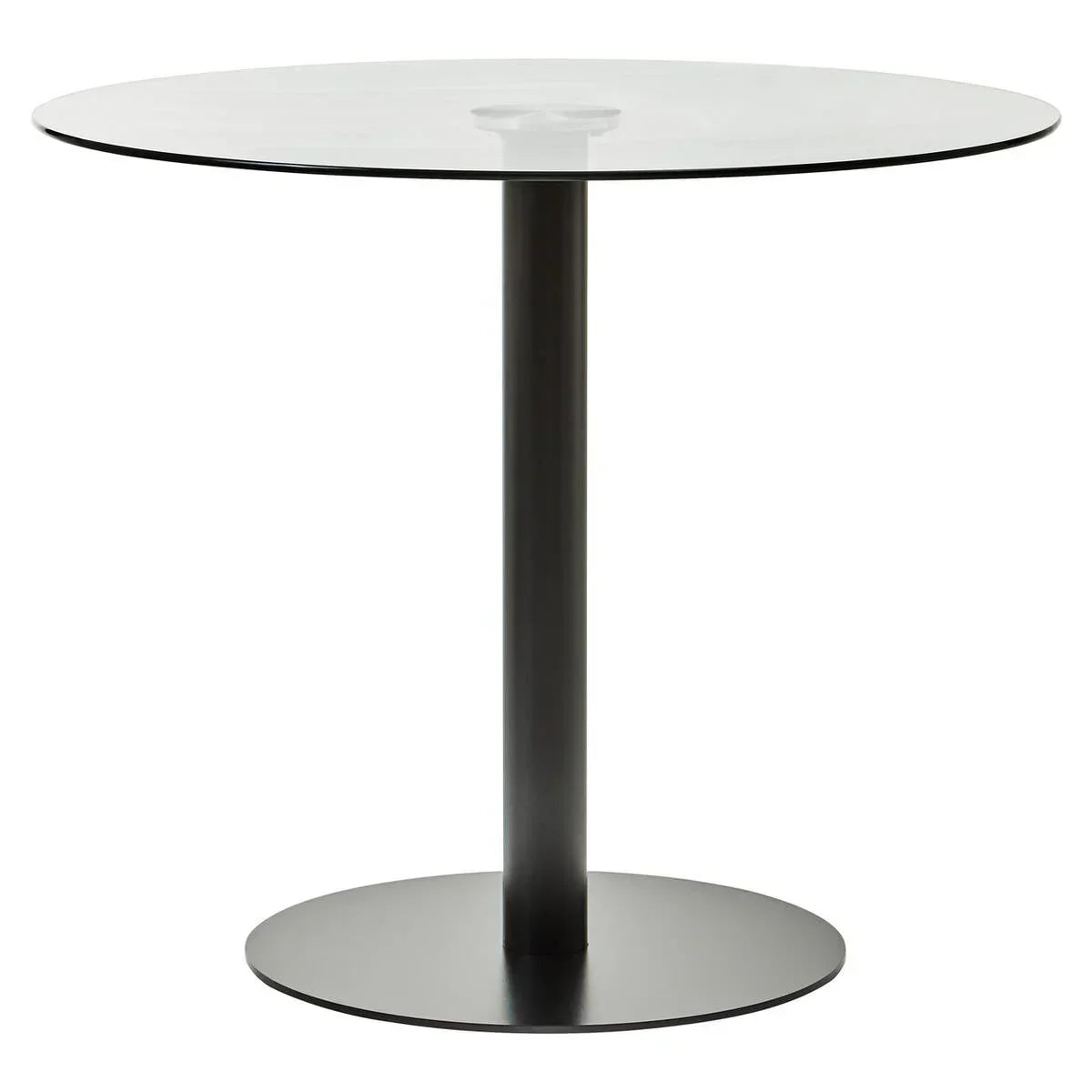 Round glass dining table with black metal pedestal base