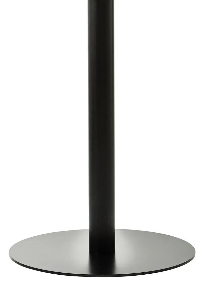 Black metal table base with round flat platform on white background