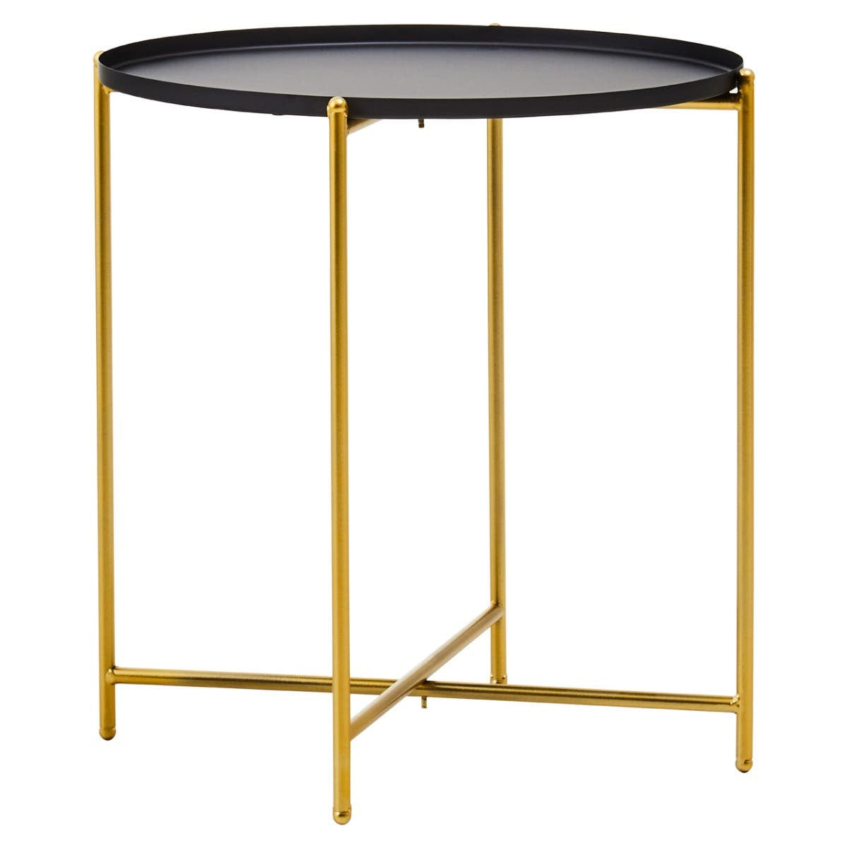 Round black top side table with a sleek gold metal frame, featuring four slender legs and a crossbar for stability. The design is modern and minimalistic, suitable for various home decor styles