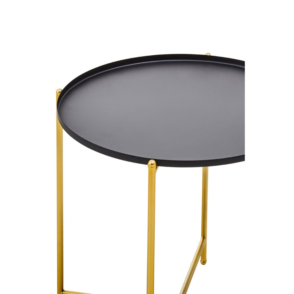 Round black top side table with a sleek surface and slender gold metal legs, designed for modern home decor