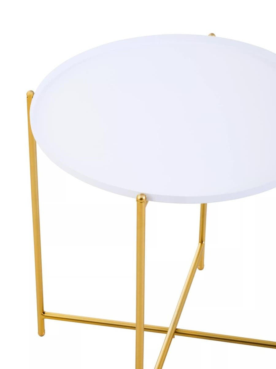 Round side table with a smooth white top and a sleek gold metal frame, featuring three slender legs for support. The design is modern and minimalist, suitable for various home decor styles