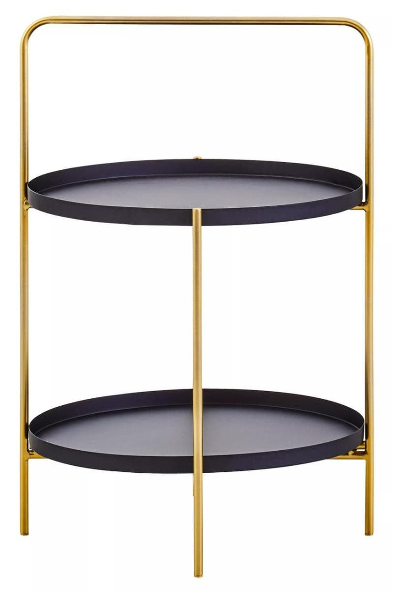 Two-tier side table featuring a sleek black oval top and bottom shelf, supported by a stylish gold metal frame. The design is modern and minimalist, with clean lines and a contemporary aesthetic
