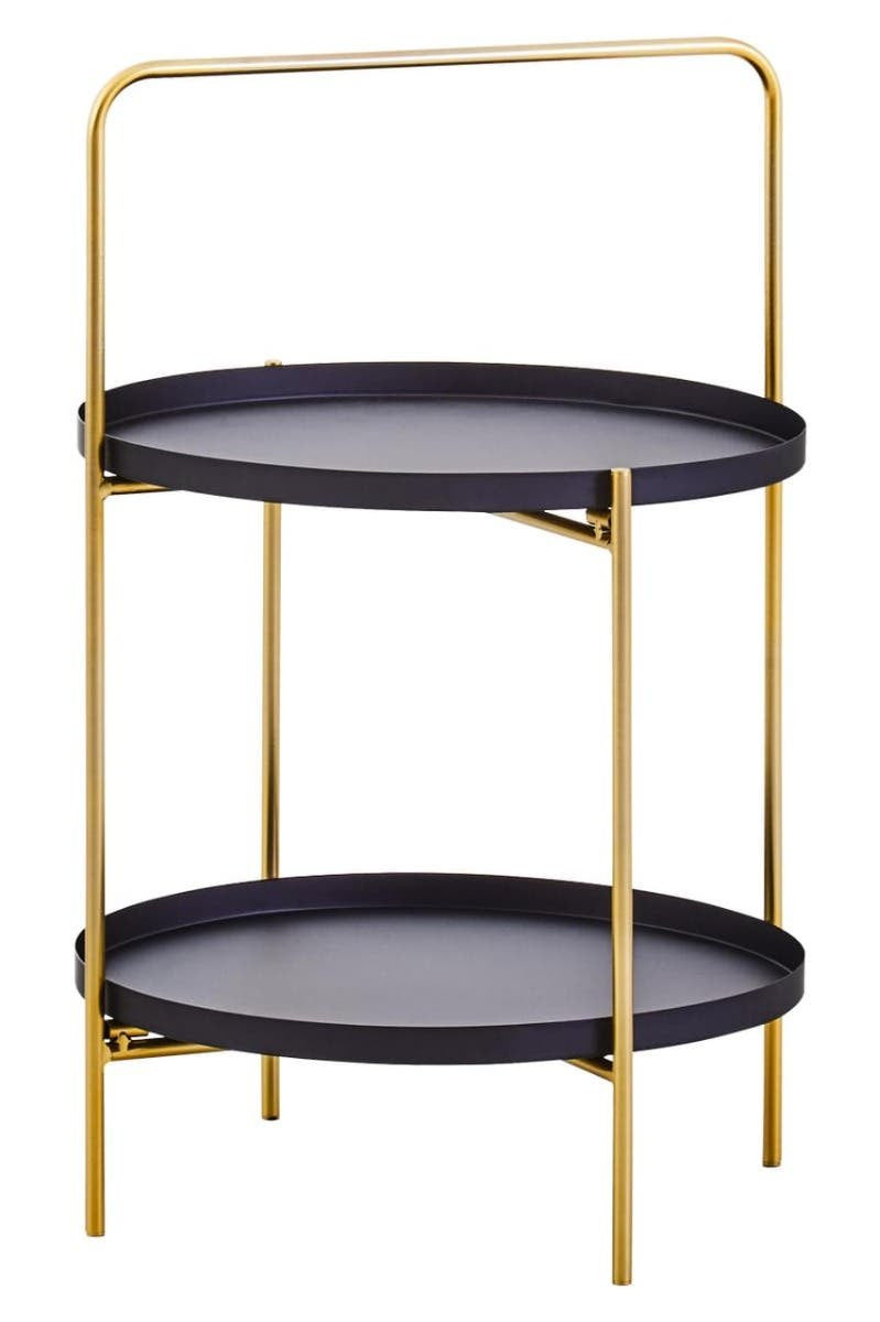 Two-tier side table featuring a sleek black finish on the circular trays and a stylish gold metal frame. The table has a minimalist design with a handle on top for easy mobility, showcasing a modern aesthetic suitable for various home decor styles