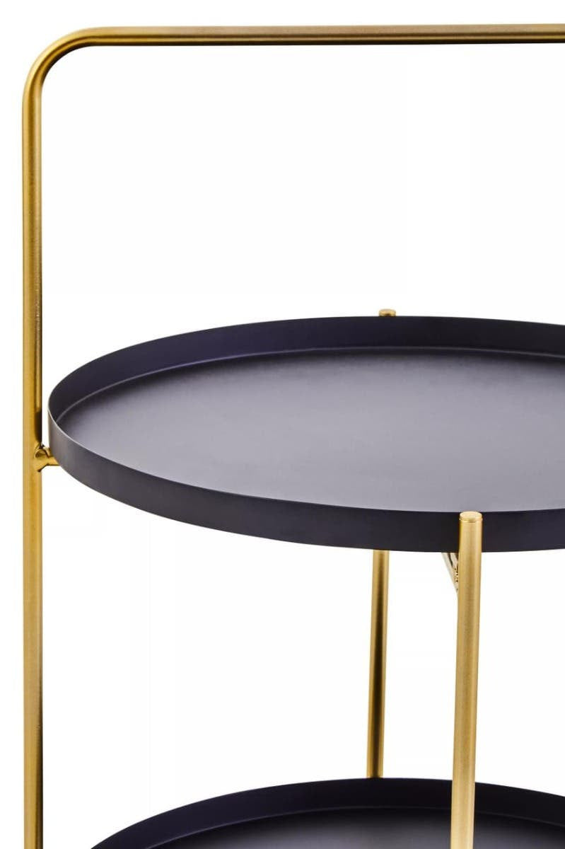 Two-tier side table featuring a sleek black circular top and a lower tier, supported by a stylish gold metal frame with a minimalist design