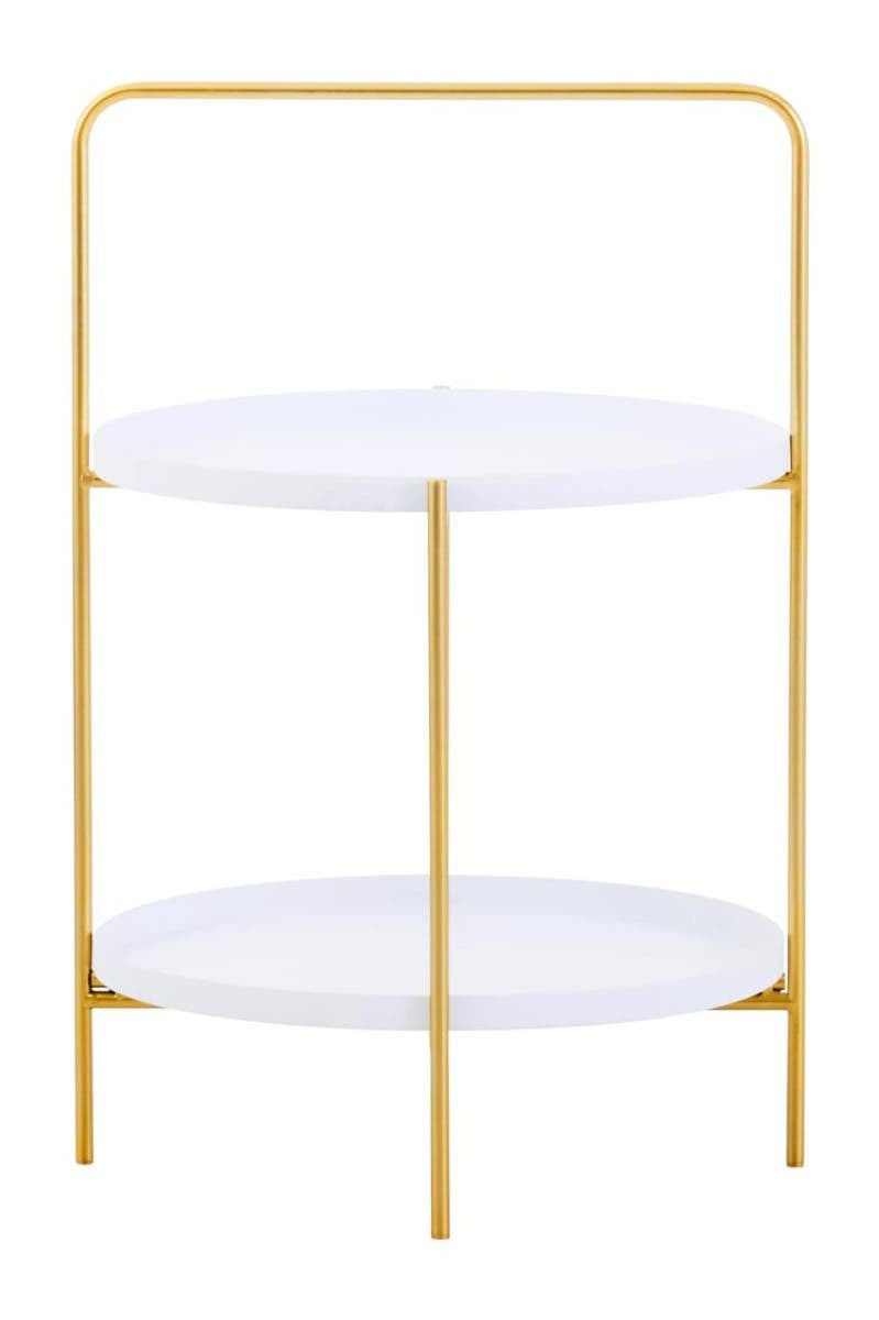 Two-tier side table featuring a sleek white surface with a gold metal frame. The table has two circular shelves, supported by slender gold legs, creating a modern and elegant look suitable for home decor