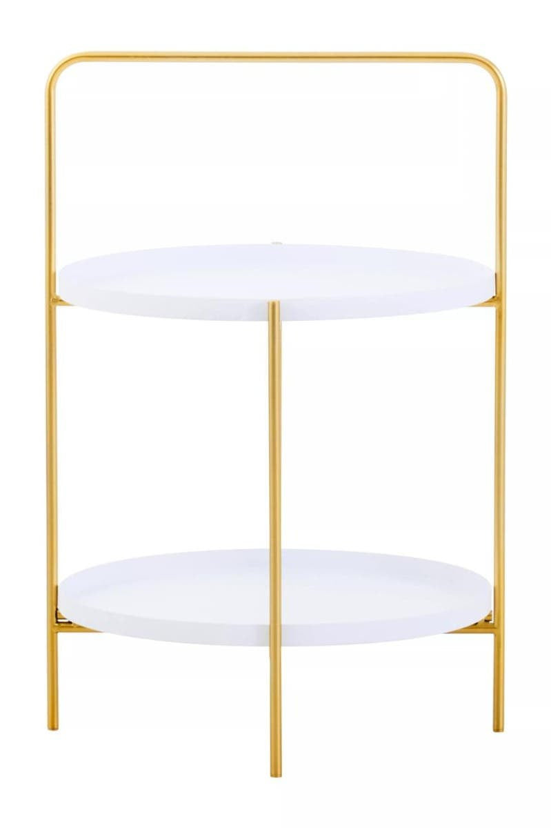 A two-tier side table featuring a sleek white surface on both tiers, supported by a minimalist gold metal frame with a simple, modern design. The table has an open structure, allowing for easy access to both levels