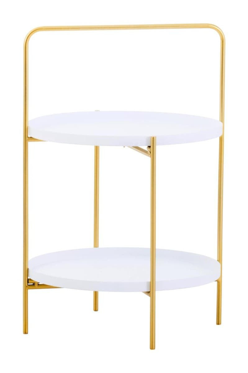 Two-tier side table featuring a sleek white surface and a gold metal frame, with a minimalist design and open space between the tiers