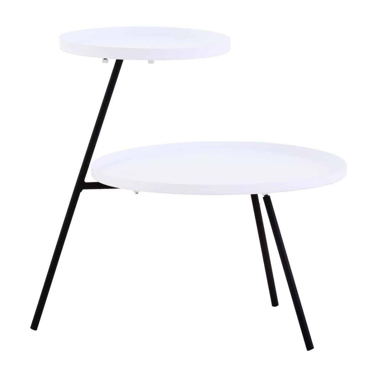 A modern side table featuring two circular white tabletops at different heights, supported by sleek black metal legs that create an angled design. The overall aesthetic is minimalist and contemporary, suitable for various home decor styles