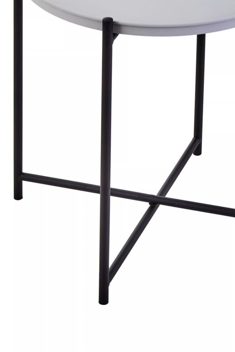 Round grey tabletop supported by a sleek black metal frame with a geometric design, showcasing a modern and minimalist aesthetic suitable for home decor