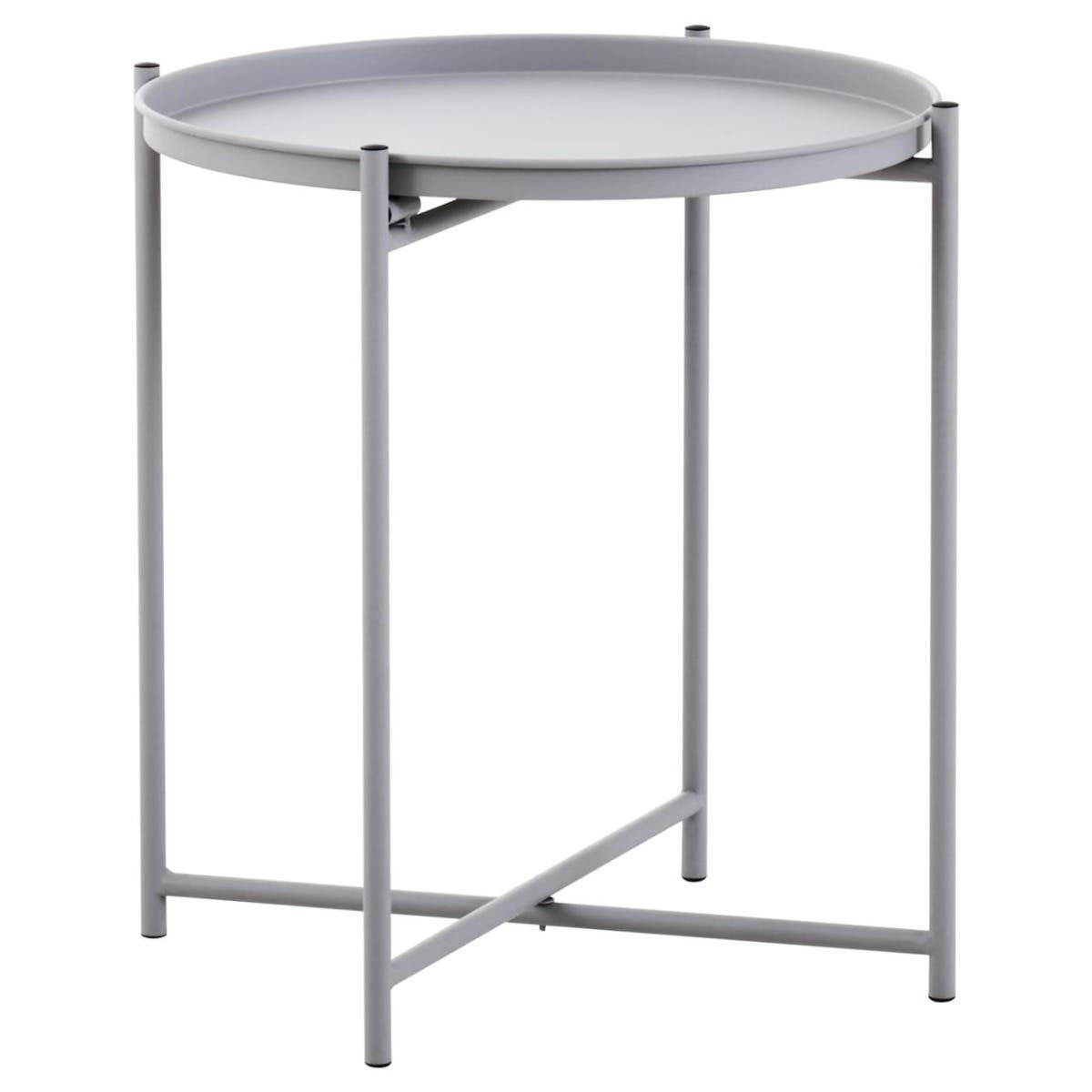 Round grey tabletop supported by a sleek, minimalist iron frame with four legs, featuring a crossbar for added stability. The design is modern and functional, suitable for various home decor styles