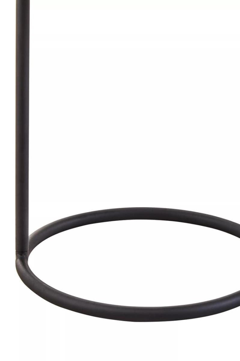 Black metal side table with a circular base and a slender, vertical support, designed for hanging. The minimalist design features clean lines and a modern aesthetic, suitable for various home decor styles