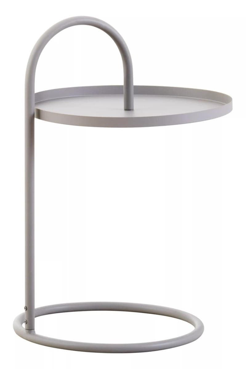 Grey hanging top side table with a circular tabletop and a minimalist design, featuring a curved handle and a round base for stability