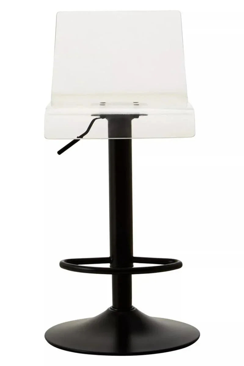 Clear acrylic bar stool with black pedestal base and footrest, front view