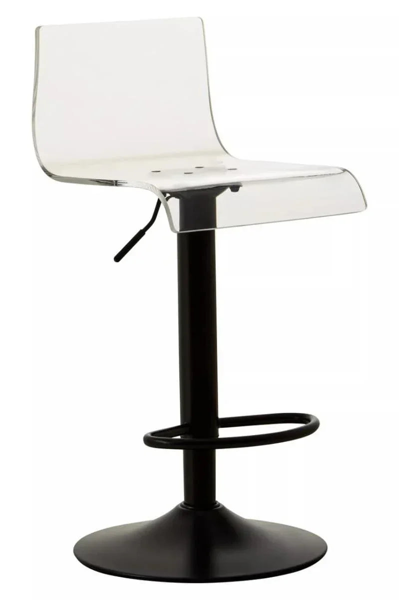 Clear acrylic bar stool with black pedestal base and footrest, side angle view